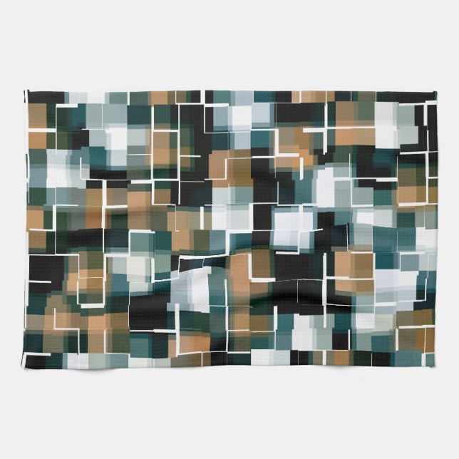 Trendy Teal Orange Brown Black White Plaid  Kitchen Towel (Horizontal)