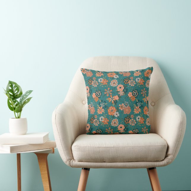 Trendy Teal Orange Flowers Throw Pillow (Chair)
