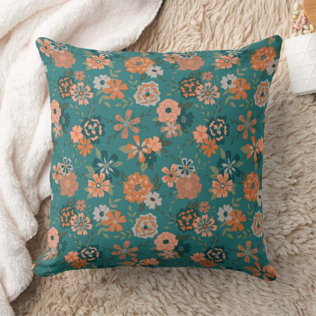 Trendy Teal Orange Flowers Throw Pillow (Blanket)