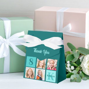 Trendy Teal Photo Collage Custom Birthday Party Favor Boxes