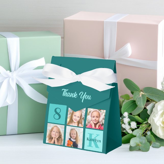 Trendy Teal Photo Collage Custom Birthday Party Favor Boxes (Creator Uploaded)