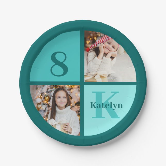 Trendy Teal Photo Collage Custom Birthday Party Paper Plates (Front)