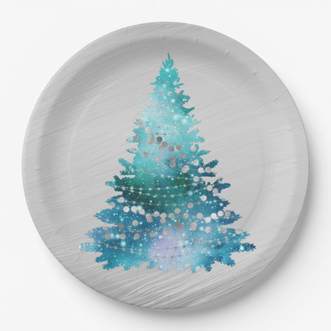 Trendy Teal Silver Glitter Tree Christmas Paper Plates (Front)