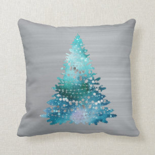 Trendy Teal Silver Glitter Tree Christmas Throw Pillow
