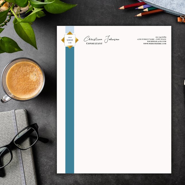 Trendy Teal Stripes Gold Logo Letterhead (Creator Uploaded)