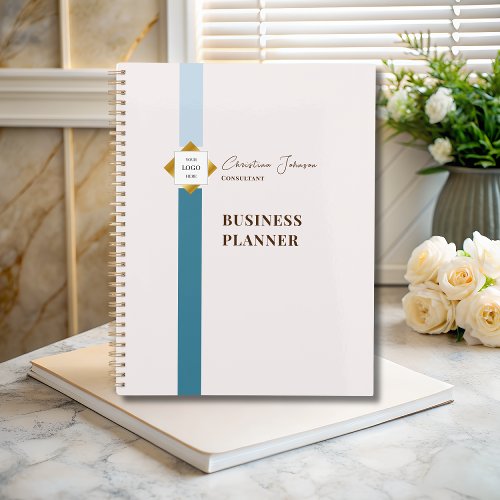 Trendy Teal Stripes Gold Logo Planner