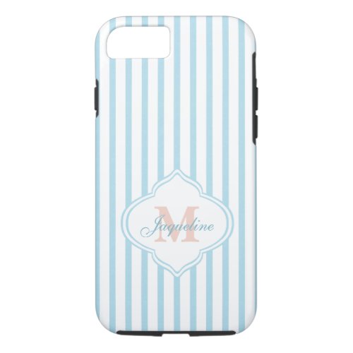 Trendy Teal Stripes with Monogram iPhone 8/7 Case