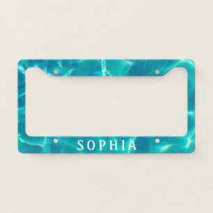 Trendy Teal Swimming Pool Water, Name White Text License Plate Frame