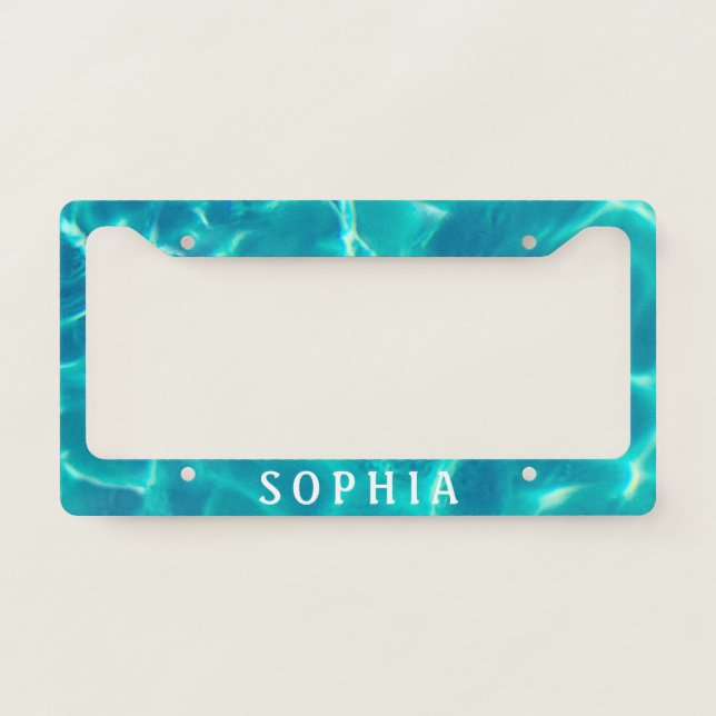 Trendy Teal Swimming Pool Water, Name White Text License Plate Frame (Front)