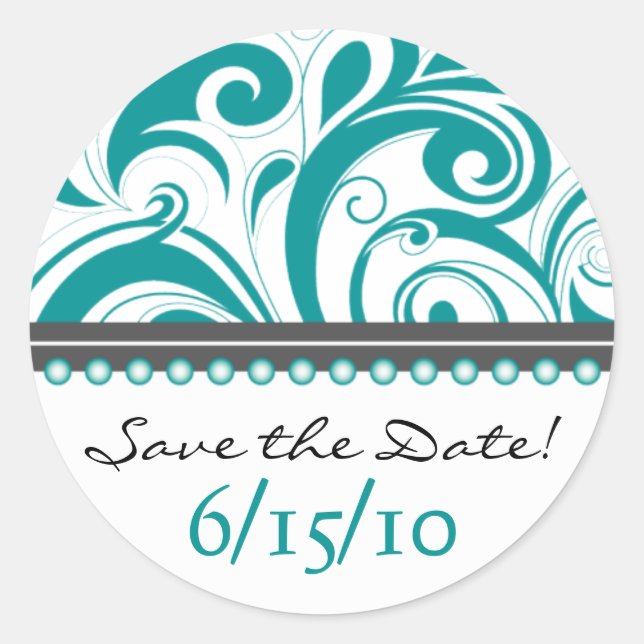 Trendy Teal Swirlies Save the Date Sticker (Front)