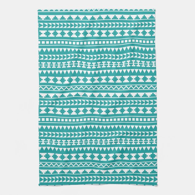 Trendy Teal Tribal Aztec Pattern Kitchen Towel (Vertical)