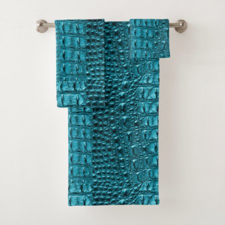 Trendy Teal Turquoise Aqua Blue Alligator Print Bath Towel Set