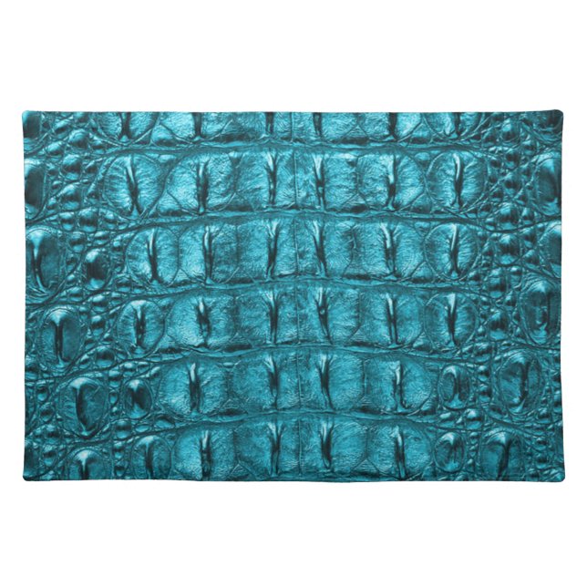 trendy teal turquoise aqua blue alligator print cloth placemat (Front)