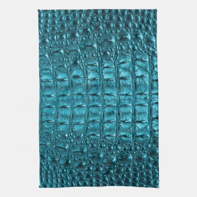 trendy teal turquoise aqua blue alligator print kitchen towel (Vertical)