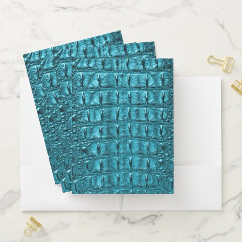trendy teal turquoise aqua blue alligator print pocket folder