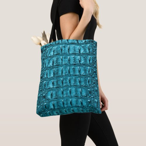trendy teal turquoise aqua blue alligator print tote bag