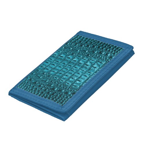trendy teal turquoise aqua blue alligator print trifold wallet