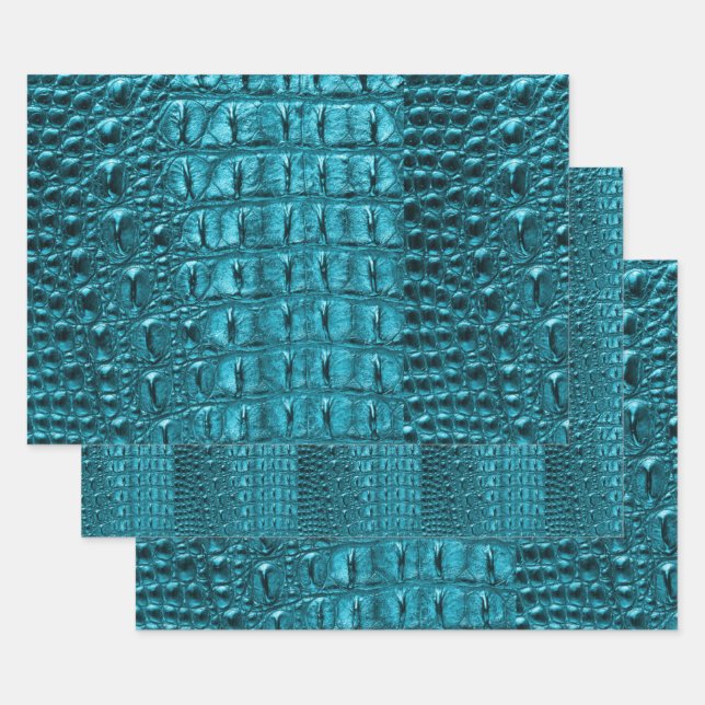 trendy teal turquoise aqua blue alligator print wrapping paper sheets (Set)