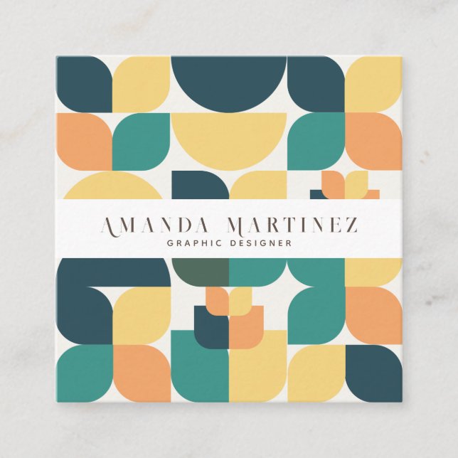 Trendy Teal Yellow Geometric Pattern Social Media Square Business Card (Front)