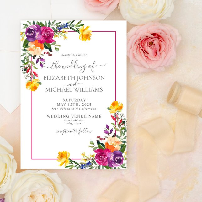 Trendy Technicolor Boho Floral Photo Wedding Invitation (Creator Uploaded)
