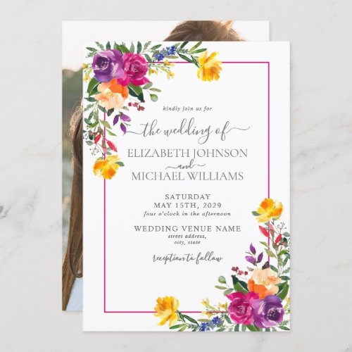 Trendy Technicolor Boho Floral Photo Wedding Invitation - Pretty and trendy, this technicolor boho floral wedding invitation features hand painted watercolor florals in shades of purple, orange, fuchsia and yellow, with rustic hand lettered script typography. The back of the invitation features your favorite engagement photo. Contact designer for matching products. Copyright Elegant Invites, all rights reserved.