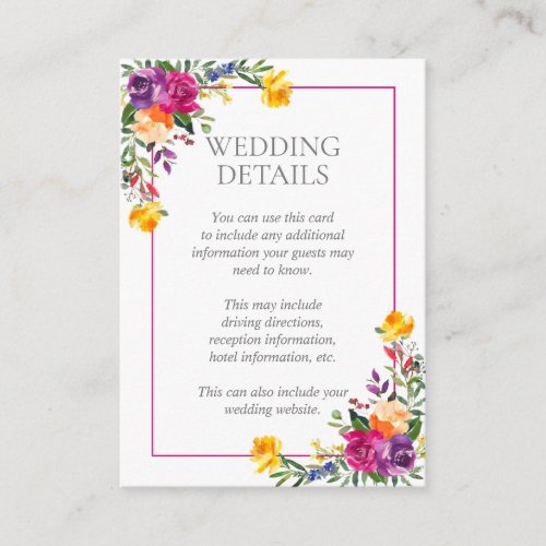 Trendy Technicolor Boho Floral Wedding Details Enclosure Card - Pretty and trendy, this technicolor boho floral wedding details cardfeatures hand painted watercolor florals in shades of purple, orange, fuchsia and yellow. Part of a matching wedding set see collection here: https://www.zazzle.com/collections/trendy_technicolor_boho_floral_wedding-119229278651564797 Contact designer for matching products. Copyright Elegant Invites. All rights reserved.