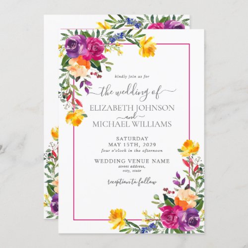Trendy Technicolor Boho Floral Wedding Invitation - Pretty and trendy, this technicolor boho floral wedding invitation features hand painted watercolor florals in shades of purple, orange, fuchsia and yellow, with rustic hand lettered script typography. Contact designer for matching products. Copyright Elegant Invites, all rights reserved.