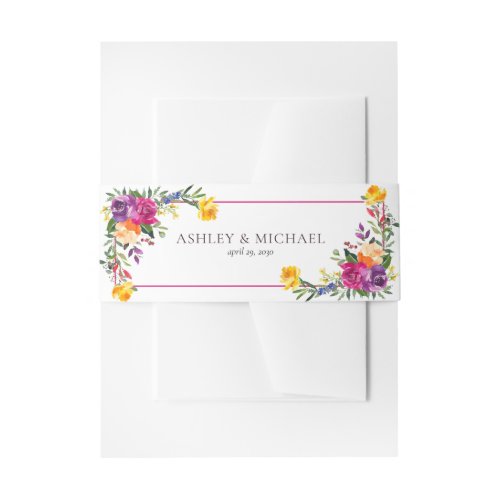 Trendy Technicolor Boho Floral Wedding Invitation Belly Band - Pretty and trendy, this technicolor boho floral wedding initation belly band features hand painted watercolor florals in shades of purple, orange, fuchsia and yellow. Part of a matching wedding set see collection here: https://www.zazzle.com/collections/trendy_technicolor_boho_floral_wedding-119229278651564797 Contact designer for matching products. Copyright Elegant Invites. All rights reserved.