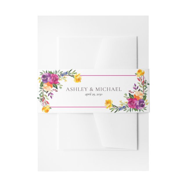 Trendy Technicolor Boho Floral Wedding Invitation Belly Band (Front Example)