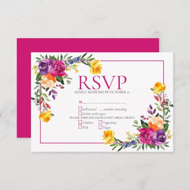 Trendy Technicolor Boho Floral Wedding RSVP (Front/Back)