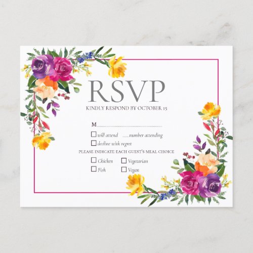 Trendy Technicolor Boho Floral Wedding RSVP Invitation Postcard - Pretty and trendy, this technicolor boho floral wedding RSVP postcard features hand painted watercolor florals in shades of purple, orange, fuchsia and yellow. ( easy to modify, if you don't wish to have menu choices, select edit further at botom of personalize feild and delete the menu choices. You may wnt to move the rest down to center the type.)  Part of a matching wedding set see collection here: https://www.zazzle.com/collections/trendy_technicolor_boho_floral_wedding-119229278651564797 Contact designer for matching products. Copyright Elegant Invites. All rights reserved.