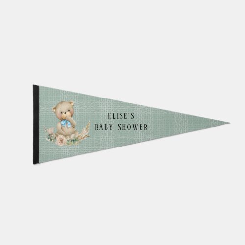 Trendy Teddy Bear Floral Wreath Boy Baby Shower Pennant Flag