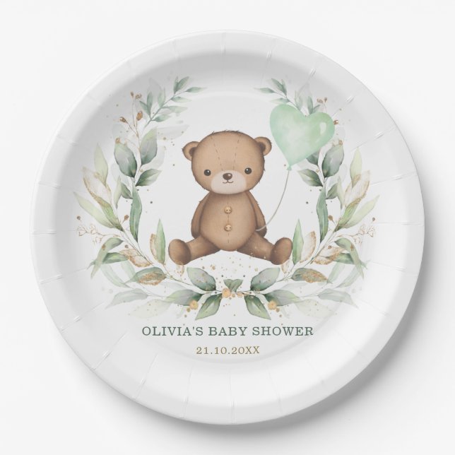 Trendy Teddy Bear Greenery Wreath Sage Balloon Paper Plates (Front)