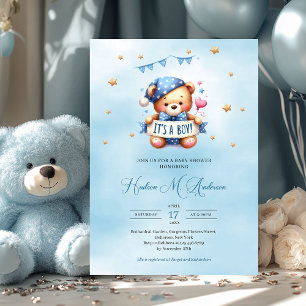 Trendy teddy bear it's a boy baby shower invitation