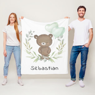 Trendy Teddy Bear Neutral Greenery Baby Nursery Fleece Blanket