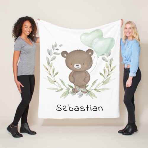 Trendy Teddy Bear Neutral Greenery Baby Nursery Fleece Blanket