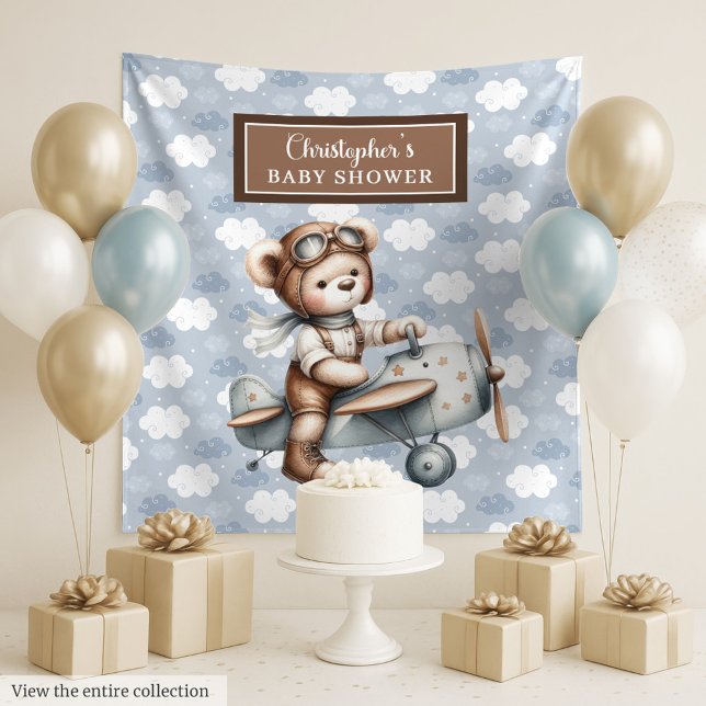 Trendy teddy bear pilot baby shower backdrop (Trendy teddy bear pilot baby shower photo wall)