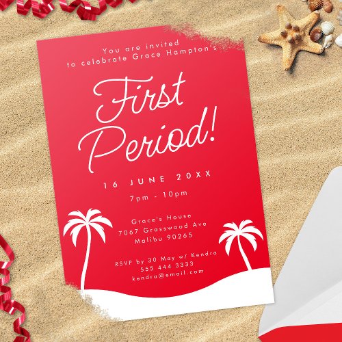Trendy Teen Girl Red Beach First Period Party Invitation