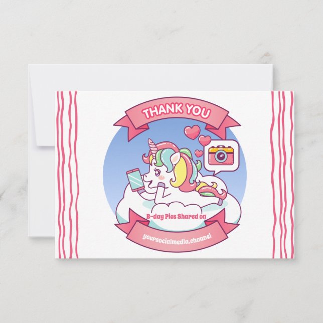 Trendy Teen Unicorn Social Media Thank You Invitation (Front)