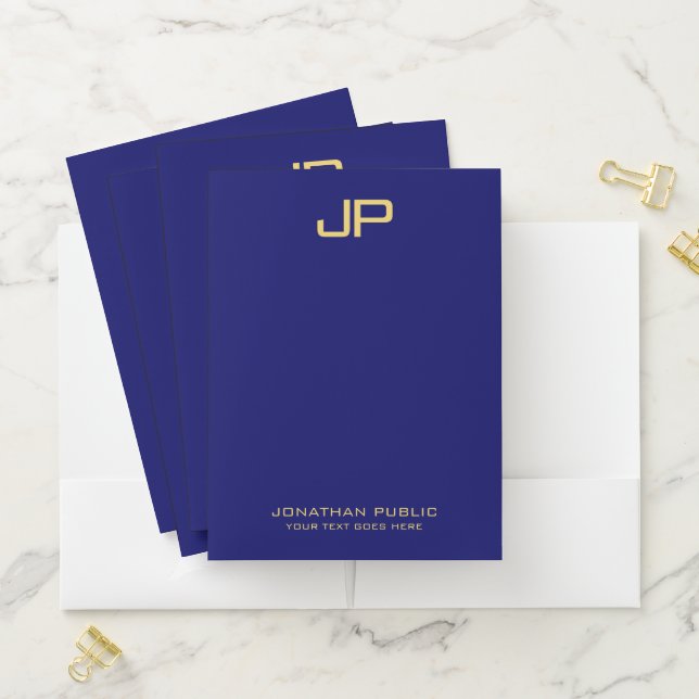 Trendy Template Navy Blue Gold Elegant Monogram Pocket Folder (In Situ)