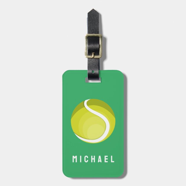 Trendy Tennis Ball Personalized Green  Luggage Tag (Front Vertical)