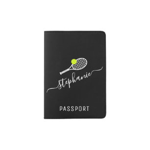 Trendy Tennis Player Coach Name Custom Black White Passport Holder