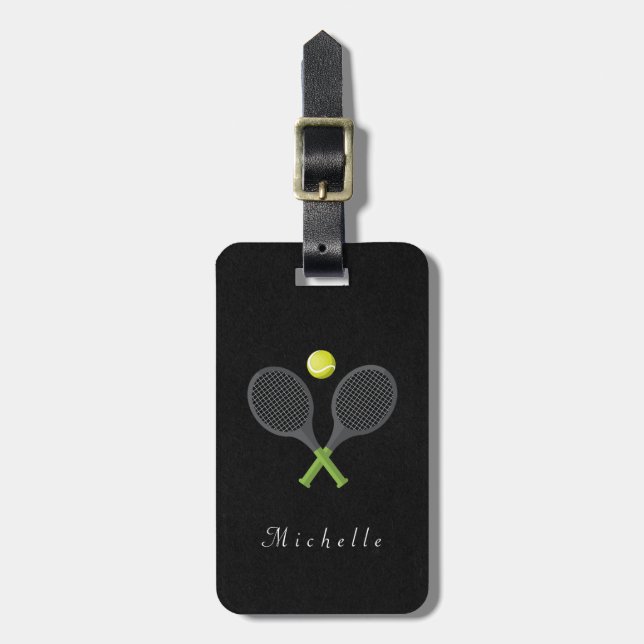 Trendy Tennis Racquet and Ball Personalized   Luggage Tag (Front Vertical)