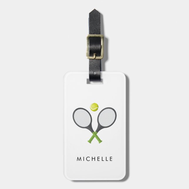 Trendy Tennis Racquet and Ball Personalized   Luggage Tag (Front Vertical)
