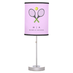 Trendy Tennis Racquet and Ball Personalized Purple Table Lamp