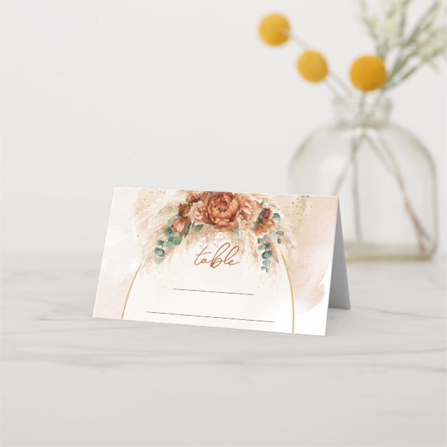 Trendy Terracotta and burgundy flowers greenery Place Card (Front)