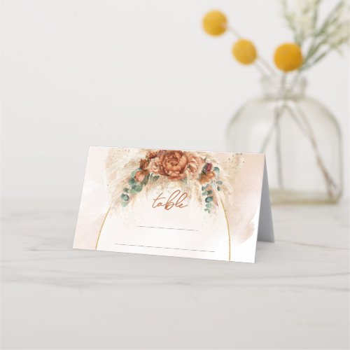 Trendy Terracotta and burgundy flowers greenery Place Card