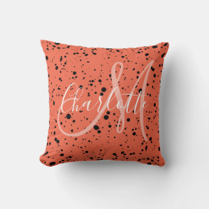 Trendy terracotta black splatters and monogram  throw pillow