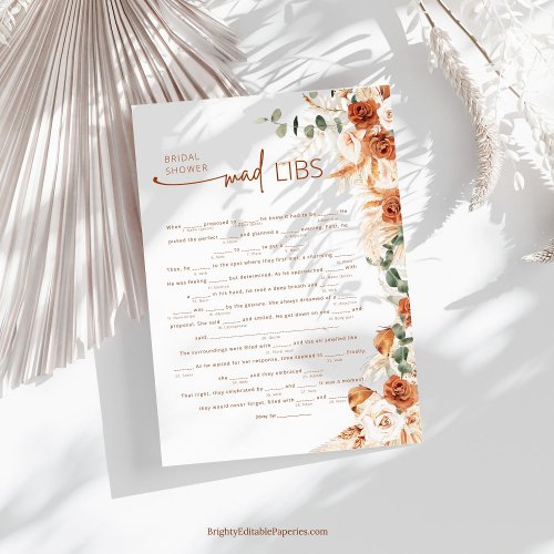 Trendy Terracotta Boho Mad Lib Bridal Shower Game 