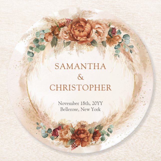 Trendy Terracotta burgundy flowers greenery arch Round Paper Coaster (Front)